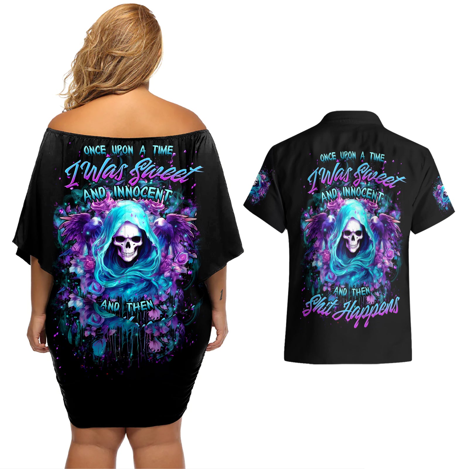 Fairy Skull Couples Matching Off Shoulder Short Dress and Hawaiian Shirt Once Upon A Time I Was Sweet And Innocent And Then Shit Happens - Wonder Print Shop
