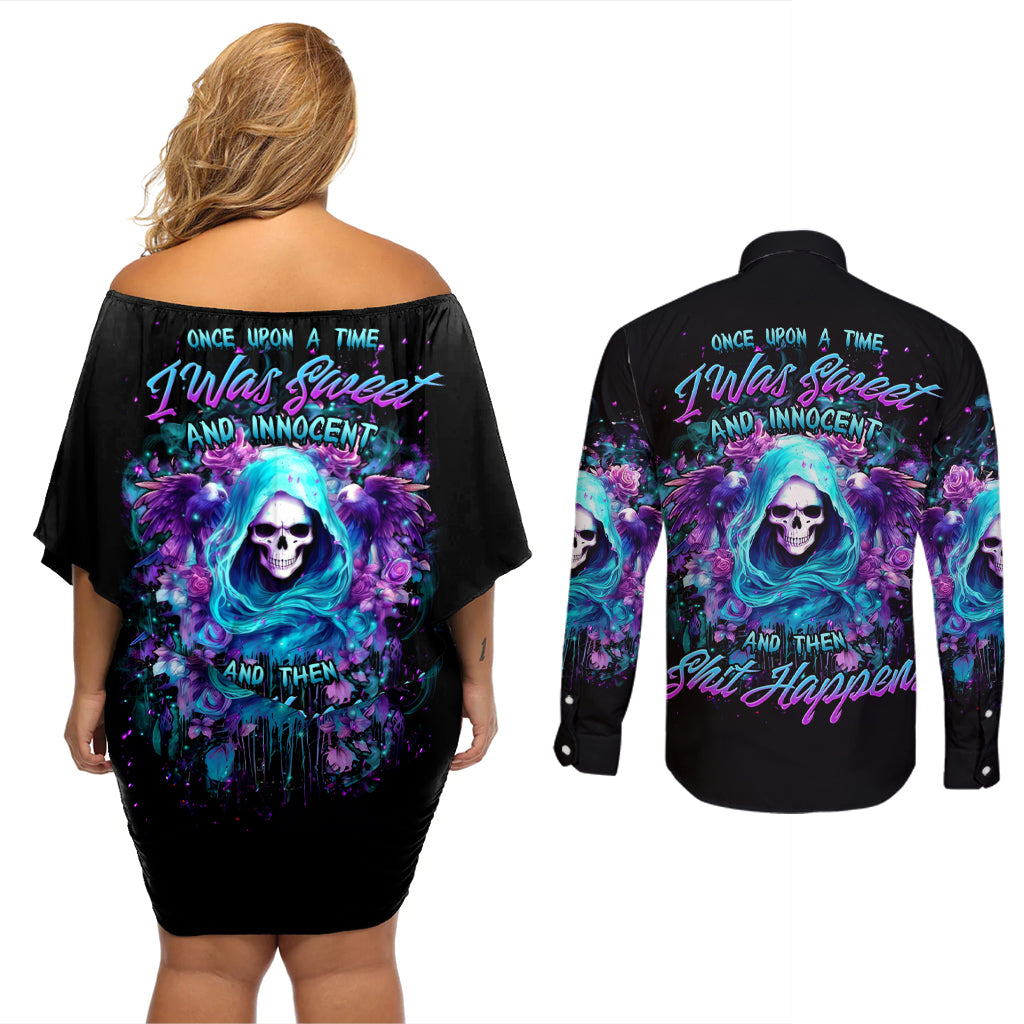 Fairy Skull Couples Matching Off Shoulder Short Dress and Long Sleeve Button Shirt Once Upon A Time I Was Sweet And Innocent And Then Shit Happens - Wonder Print Shop