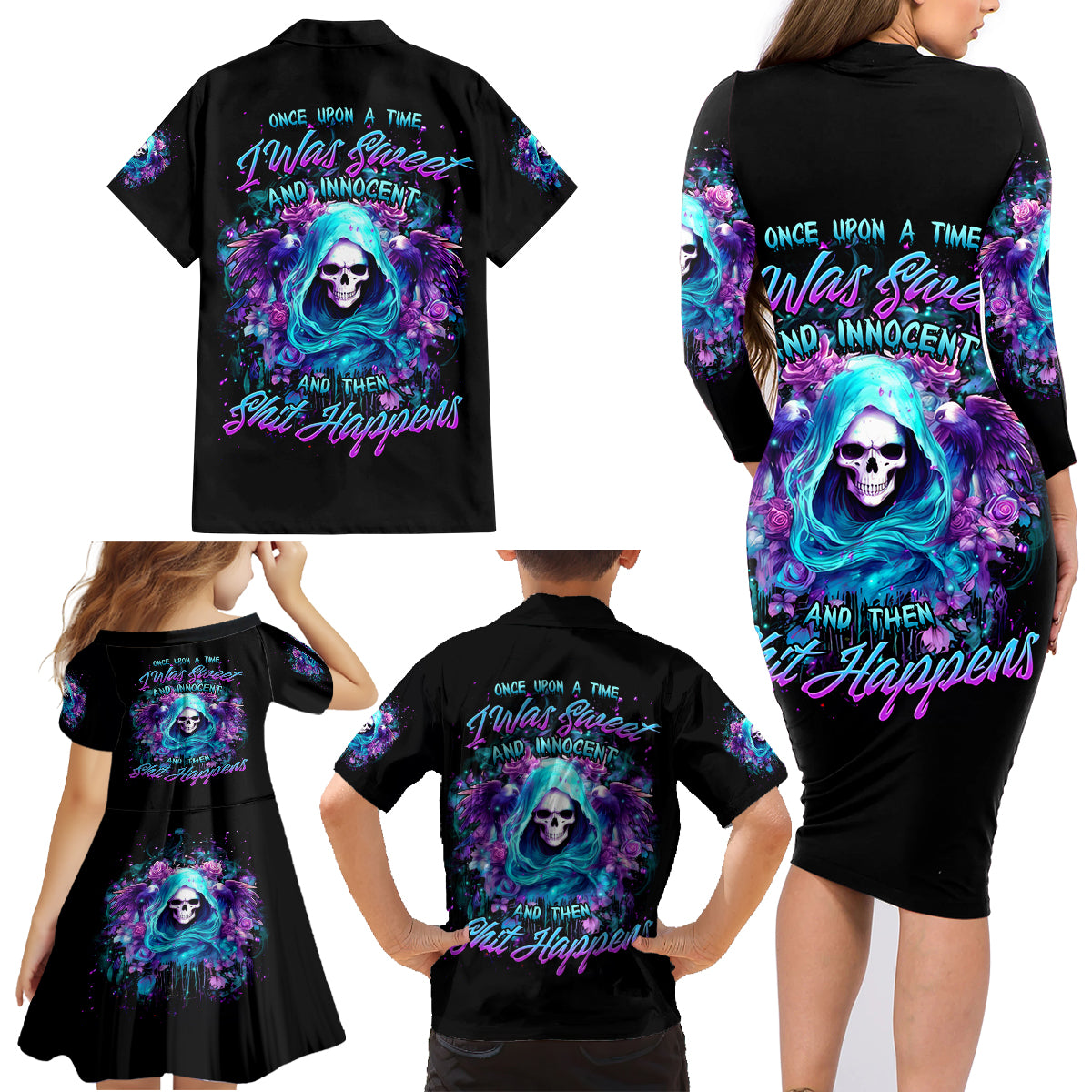 Fairy Skull Family Matching Long Sleeve Bodycon Dress and Hawaiian Shirt Once Upon A Time I Was Sweet And Innocent And Then Shit Happens - Wonder Print Shop