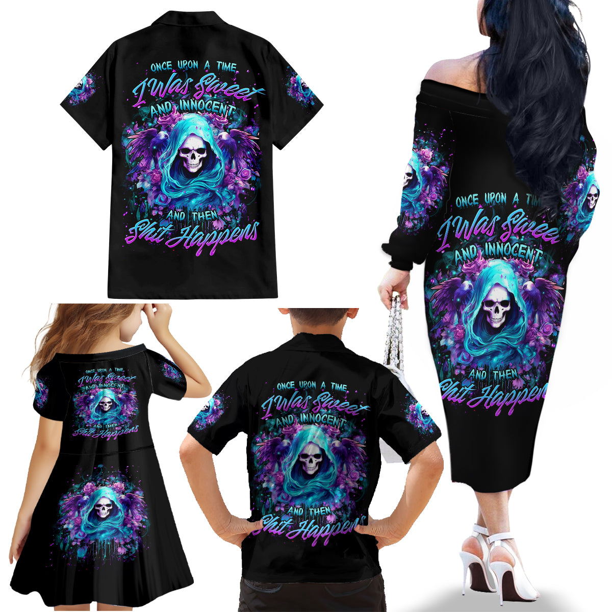Fairy Skull Family Matching Off Shoulder Long Sleeve Dress and Hawaiian Shirt Once Upon A Time I Was Sweet And Innocent And Then Shit Happens - Wonder Print Shop