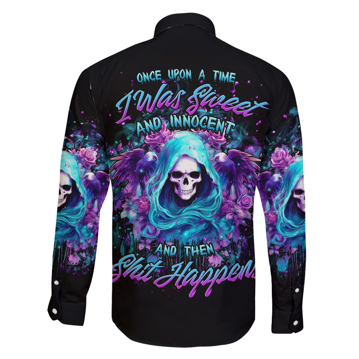 Fairy Skull Family Matching Off Shoulder Short Dress and Hawaiian Shirt Once Upon A Time I Was Sweet And Innocent And Then Shit Happens - Wonder Print Shop