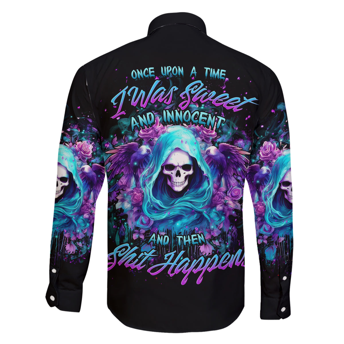 Fairy Skull Family Matching Short Sleeve Bodycon Dress and Hawaiian Shirt Once Upon A Time I Was Sweet And Innocent And Then Shit Happens - Wonder Print Shop