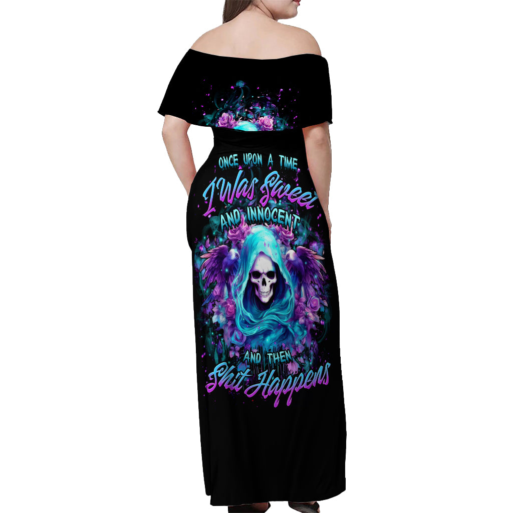 Fairy Skull Off Shoulder Maxi Dress Once Upon A Time I Was Sweet And Innocent And Then Shit Happens - Wonder Print Shop