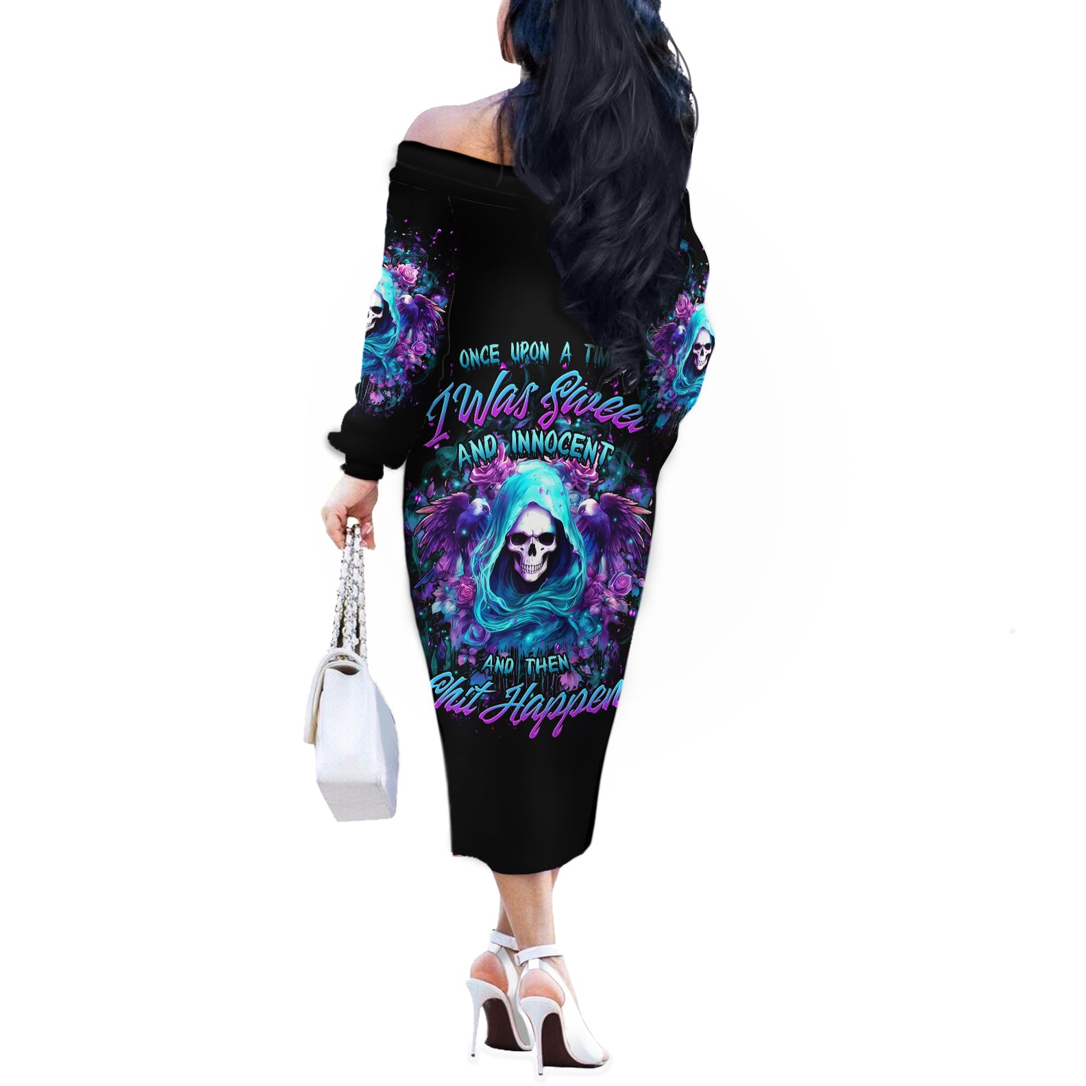 Fairy Skull Off The Shoulder Long Sleeve Dress Once Upon A Time I Was Sweet And Innocent And Then Shit Happens - Wonder Print Shop