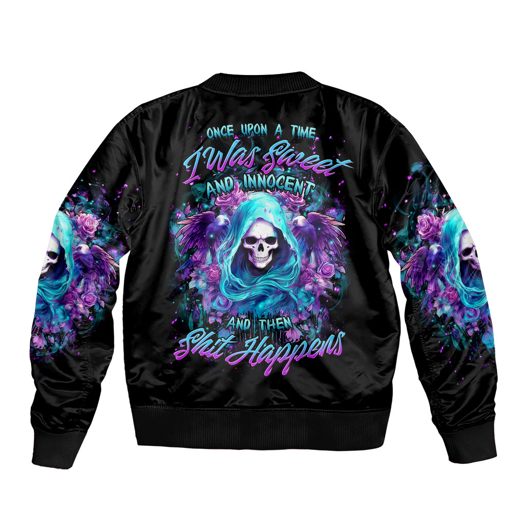 Fairy Skull Sleeve Zip Bomber Jacket Once Upon A Time I Was Sweet And Innocent And Then Shit Happens - Wonder Print Shop