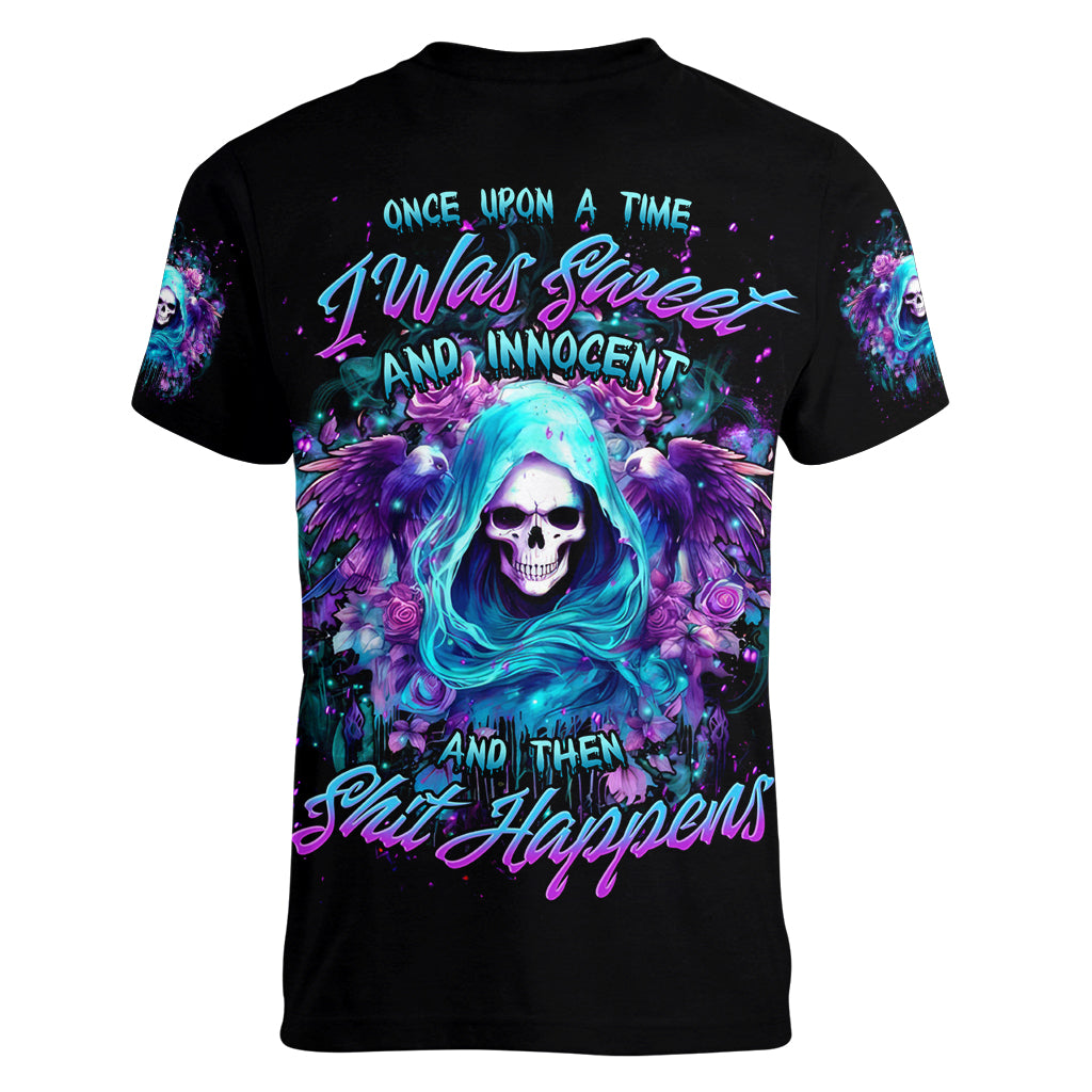 Fairy Skull Women V Neck T Shirt Once Upon A Time I Was Sweet And Innocent And Then Shit Happens - Wonder Print Shop