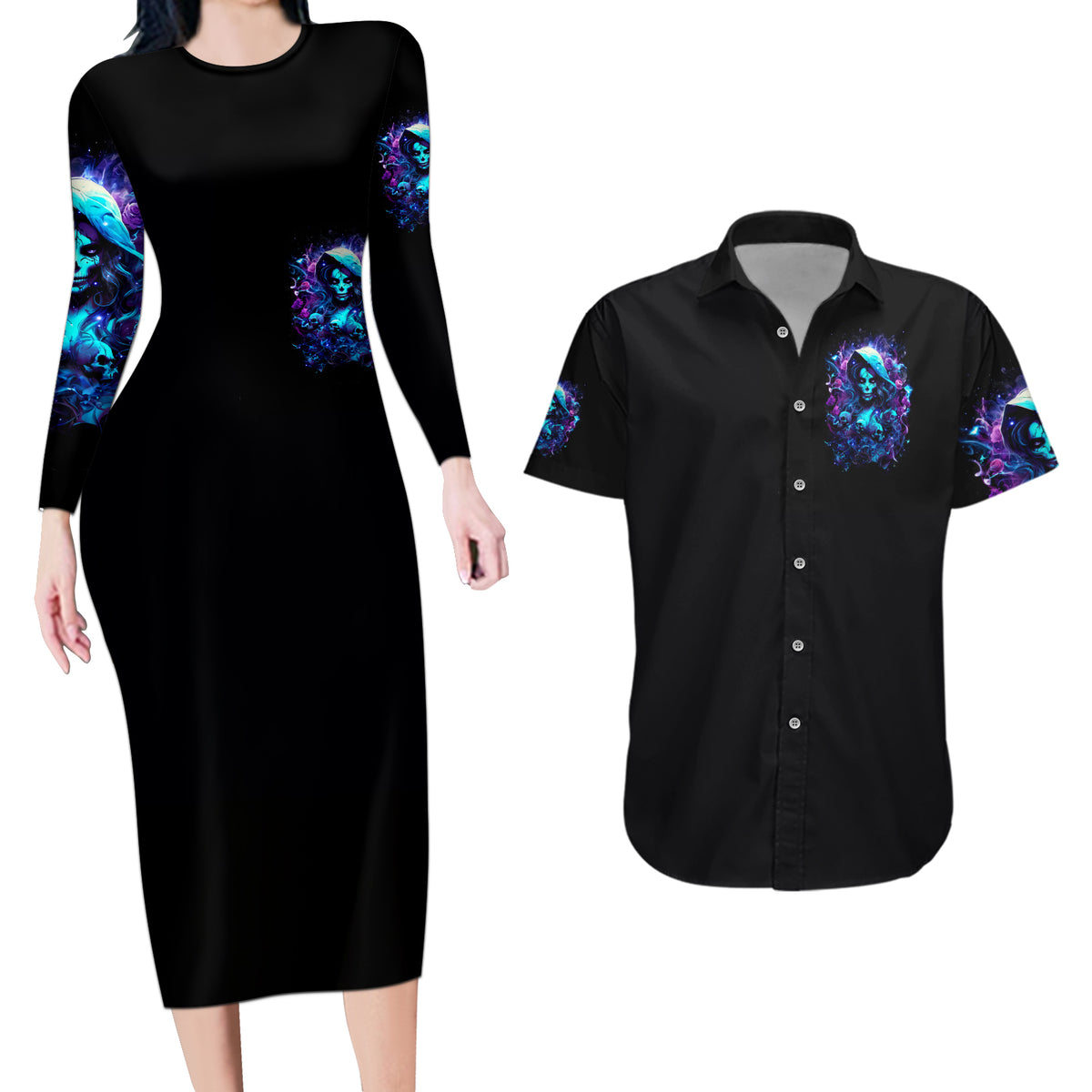 Witch Skull Couples Matching Long Sleeve Bodycon Dress and Hawaiian Shirt I Was Born With My Heart On My Sleeve A Fire In My Soul And Amout Can't Control - Wonder Print Shop