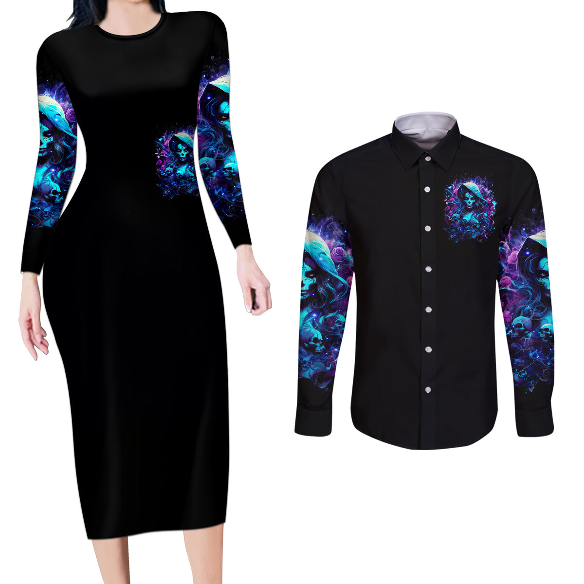 Witch Skull Couples Matching Long Sleeve Bodycon Dress and Long Sleeve Button Shirt I Was Born With My Heart On My Sleeve A Fire In My Soul And Amout Can't Control - Wonder Print Shop