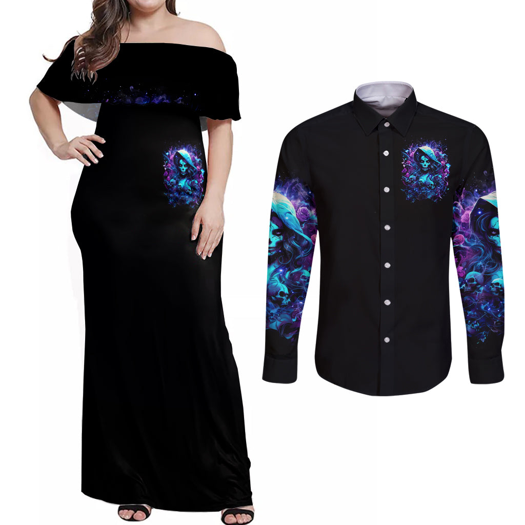 Witch Skull Couples Matching Off Shoulder Maxi Dress and Long Sleeve Button Shirt I Was Born With My Heart On My Sleeve A Fire In My Soul And Amout Can't Control - Wonder Print Shop