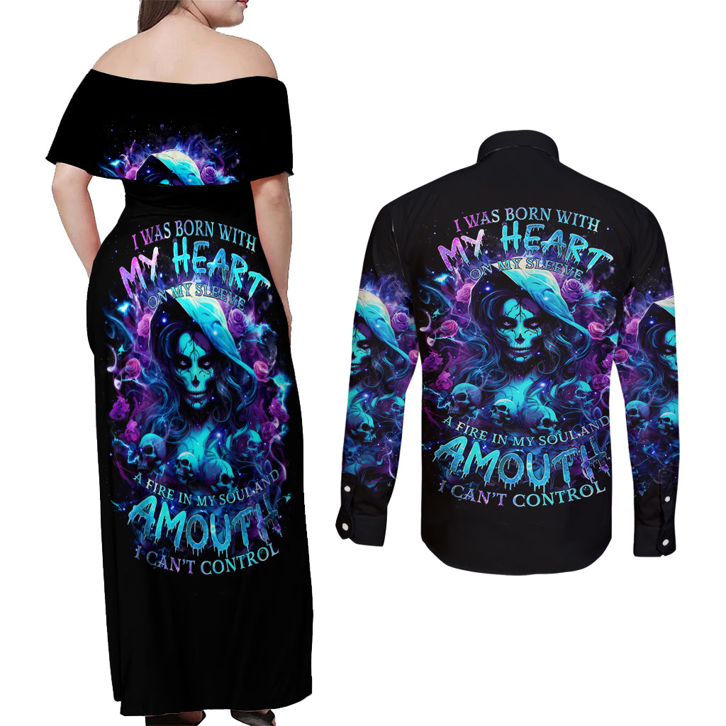 Witch Skull Couples Matching Off Shoulder Maxi Dress and Long Sleeve Button Shirt I Was Born With My Heart On My Sleeve A Fire In My Soul And Amout Can't Control - Wonder Print Shop