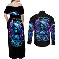 Witch Skull Couples Matching Off Shoulder Maxi Dress and Long Sleeve Button Shirt I Was Born With My Heart On My Sleeve A Fire In My Soul And Amout Can't Control - Wonder Print Shop