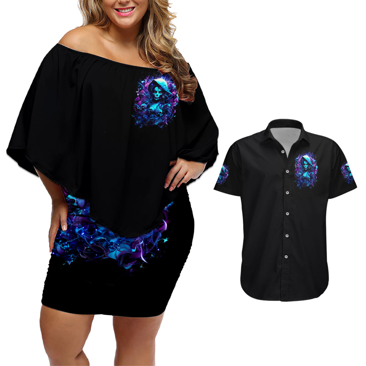 Witch Skull Couples Matching Off Shoulder Short Dress and Hawaiian Shirt I Was Born With My Heart On My Sleeve A Fire In My Soul And Amout Can't Control - Wonder Print Shop
