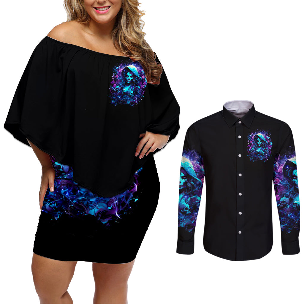 Witch Skull Couples Matching Off Shoulder Short Dress and Long Sleeve Button Shirt I Was Born With My Heart On My Sleeve A Fire In My Soul And Amout Can't Control - Wonder Print Shop