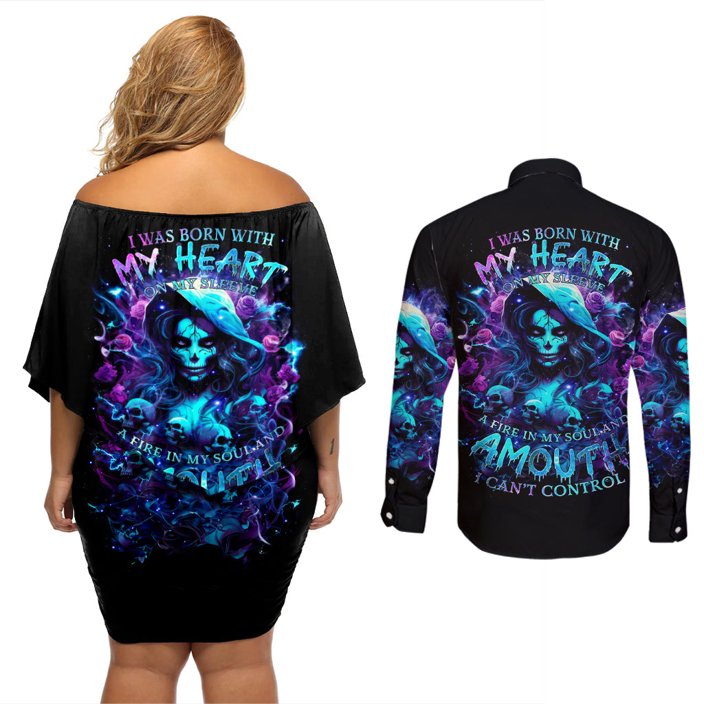 Witch Skull Couples Matching Off Shoulder Short Dress and Long Sleeve Button Shirt I Was Born With My Heart On My Sleeve A Fire In My Soul And Amout Can't Control - Wonder Print Shop