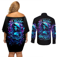 Witch Skull Couples Matching Off Shoulder Short Dress and Long Sleeve Button Shirt I Was Born With My Heart On My Sleeve A Fire In My Soul And Amout Can't Control - Wonder Print Shop