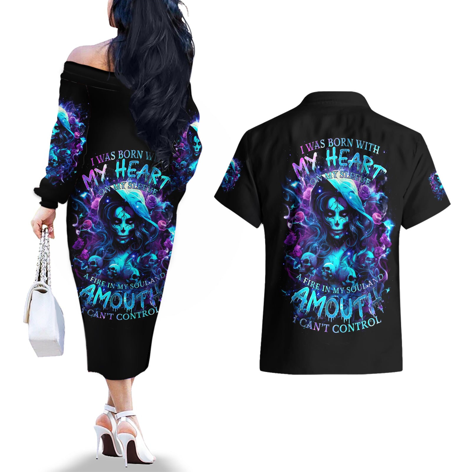 Witch Skull Couples Matching Off The Shoulder Long Sleeve Dress and Hawaiian Shirt I Was Born With My Heart On My Sleeve A Fire In My Soul And Amout Can't Control - Wonder Print Shop