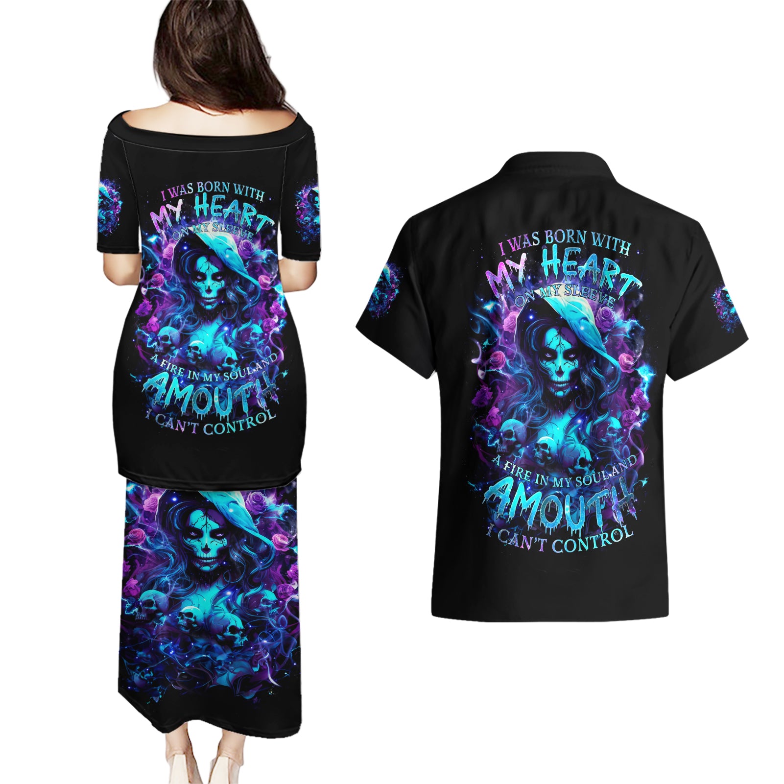 Witch Skull Couples Matching Puletasi and Hawaiian Shirt I Was Born With My Heart On My Sleeve A Fire In My Soul And Amout Can't Control - Wonder Print Shop