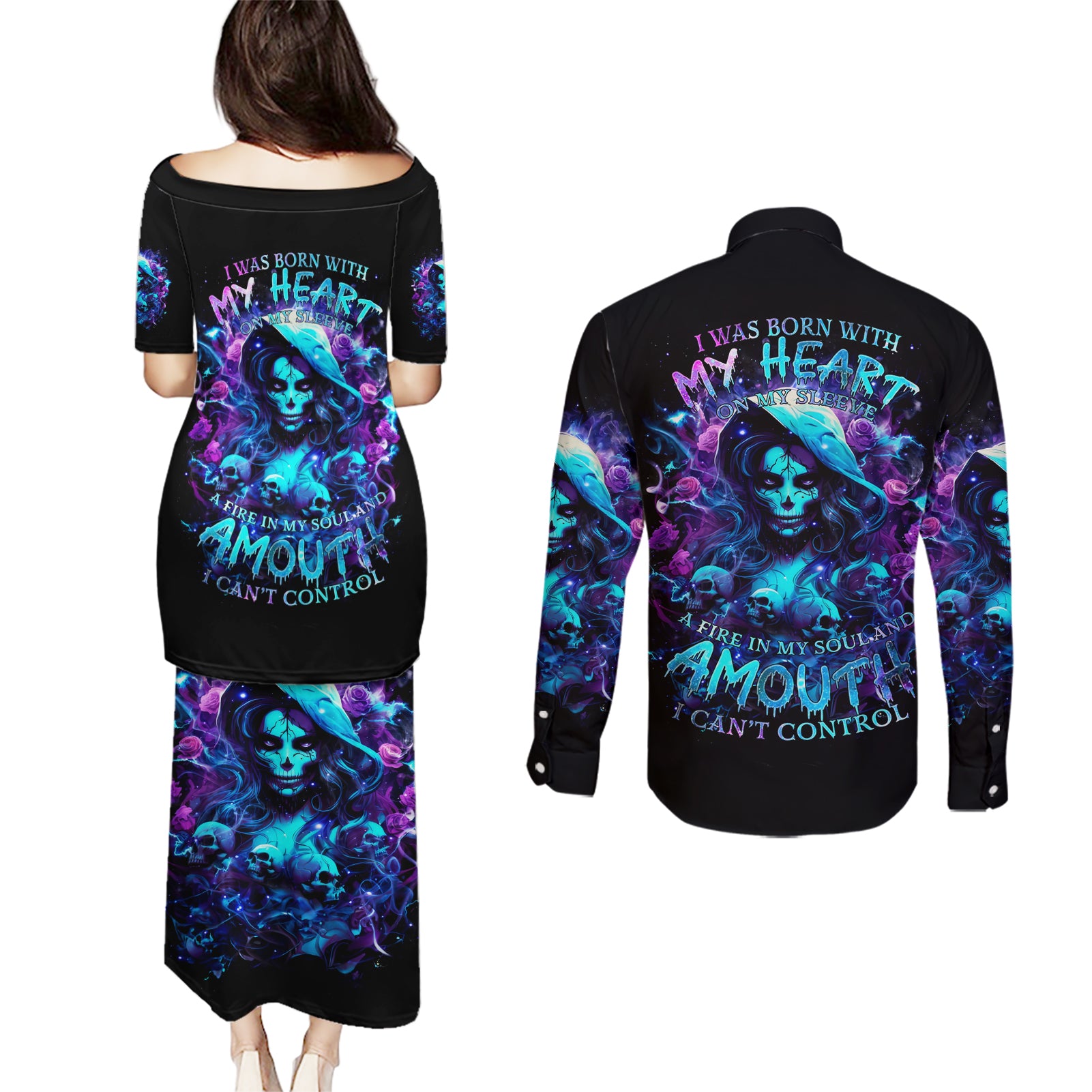 Witch Skull Couples Matching Puletasi and Long Sleeve Button Shirt I Was Born With My Heart On My Sleeve A Fire In My Soul And Amout Can't Control - Wonder Print Shop