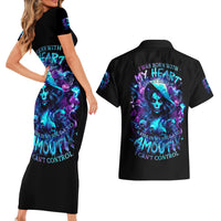 Witch Skull Couples Matching Short Sleeve Bodycon Dress and Hawaiian Shirt I Was Born With My Heart On My Sleeve A Fire In My Soul And Amout Can't Control - Wonder Print Shop