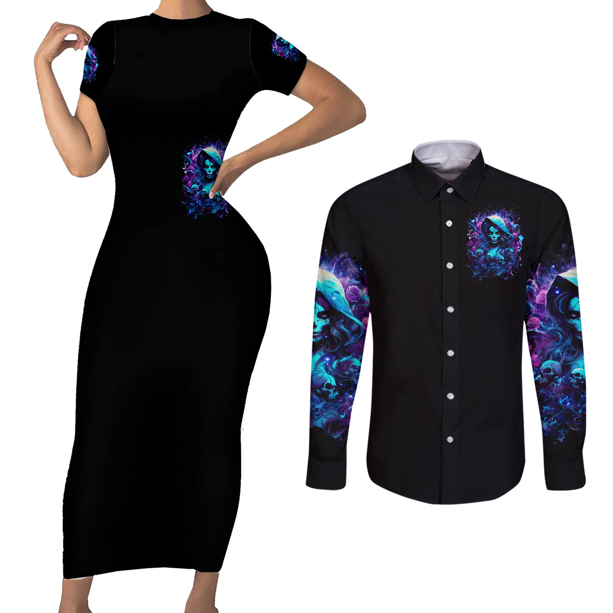 Witch Skull Couples Matching Short Sleeve Bodycon Dress and Long Sleeve Button Shirt I Was Born With My Heart On My Sleeve A Fire In My Soul And Amout Can't Control - Wonder Print Shop