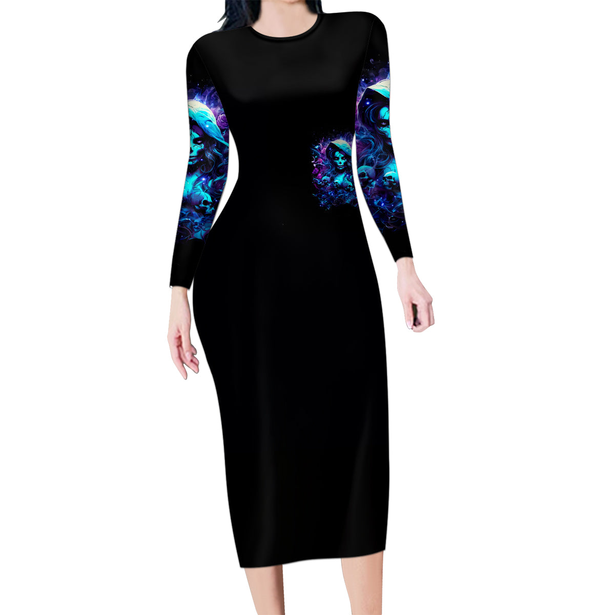 Witch Skull Family Matching Long Sleeve Bodycon Dress and Hawaiian Shirt I Was Born With My Heart On My Sleeve A Fire In My Soul And Amout Can't Control - Wonder Print Shop