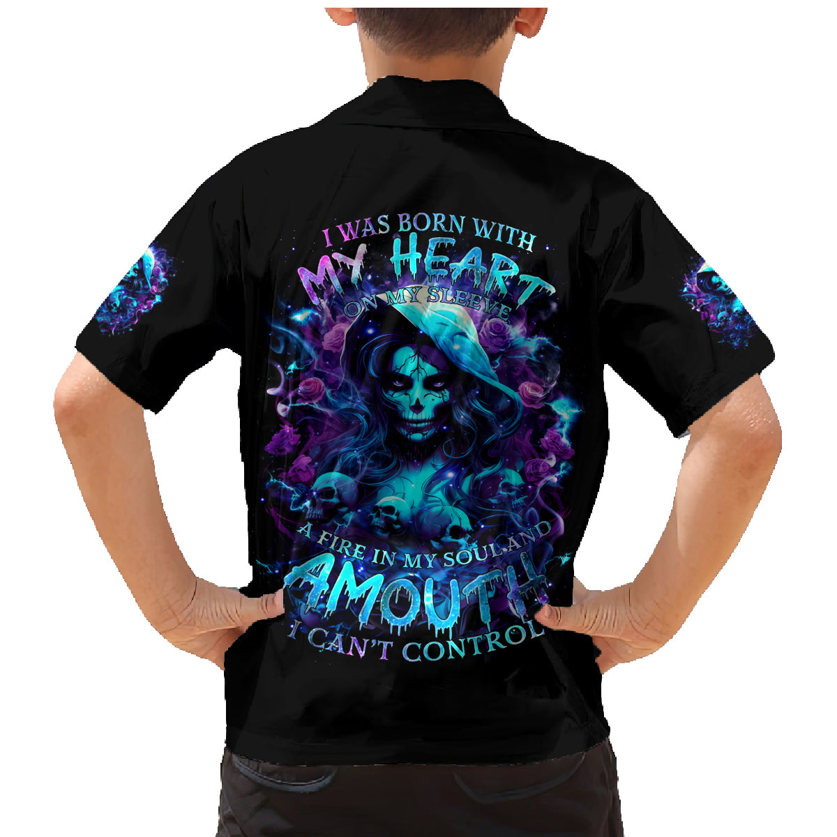 Witch Skull Family Matching Mermaid Dress and Hawaiian Shirt I Was Born With My Heart On My Sleeve A Fire In My Soul And Amout Can't Control - Wonder Print Shop
