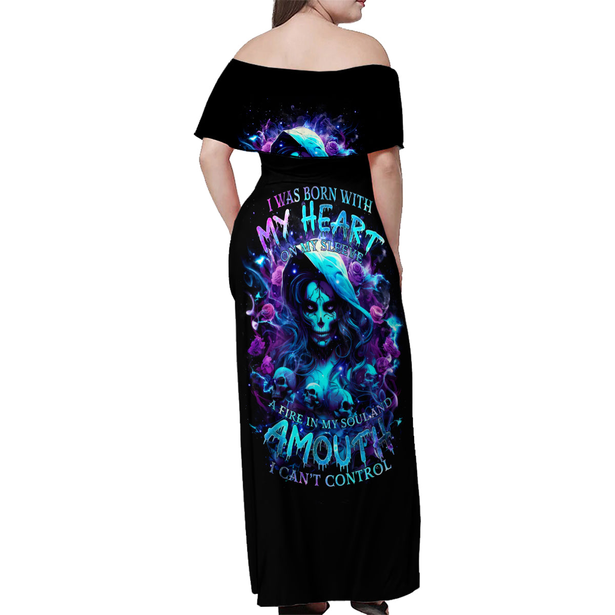 Witch Skull Family Matching Off Shoulder Maxi Dress and Hawaiian Shirt I Was Born With My Heart On My Sleeve A Fire In My Soul And Amout Can't Control - Wonder Print Shop