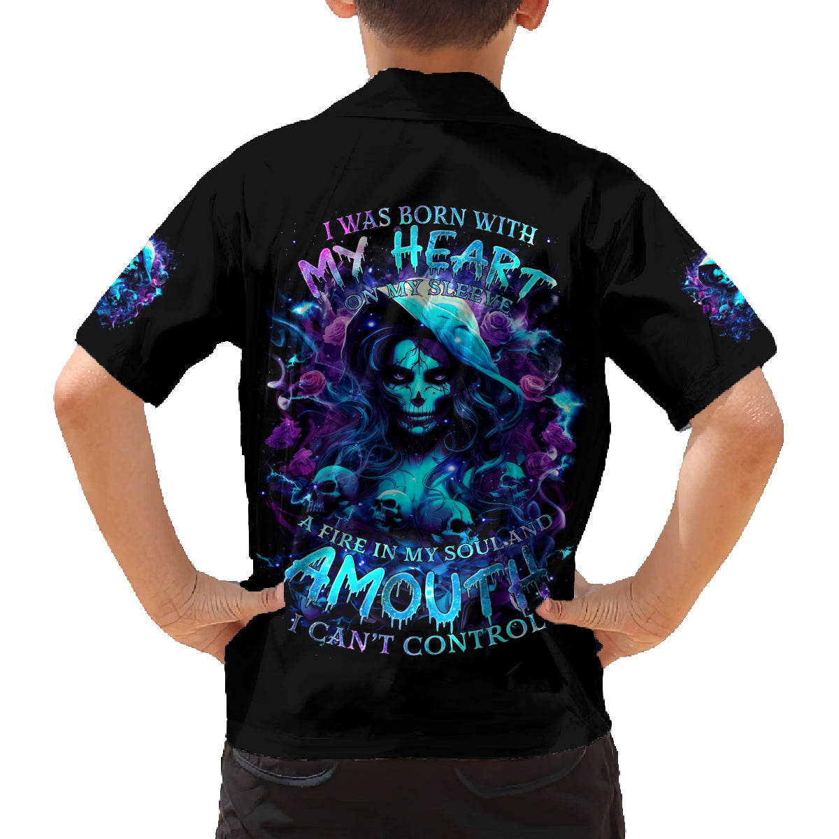 Witch Skull Family Matching Off Shoulder Short Dress and Hawaiian Shirt I Was Born With My Heart On My Sleeve A Fire In My Soul And Amout Can't Control - Wonder Print Shop