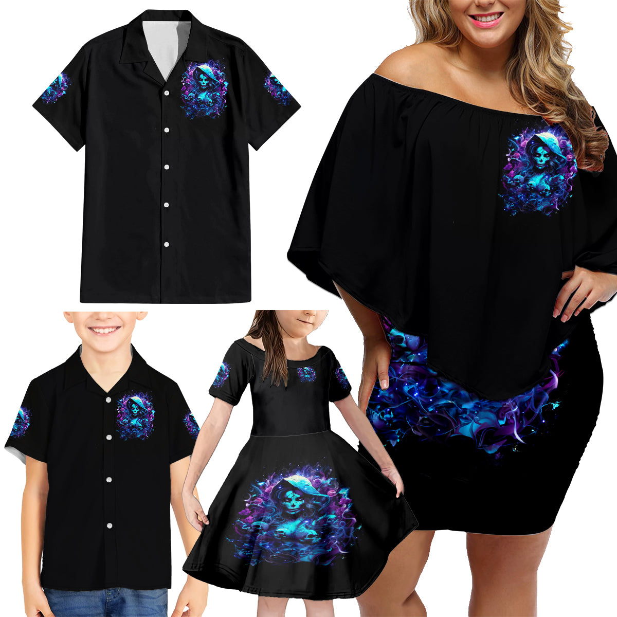 Witch Skull Family Matching Off Shoulder Short Dress and Hawaiian Shirt I Was Born With My Heart On My Sleeve A Fire In My Soul And Amout Can't Control - Wonder Print Shop