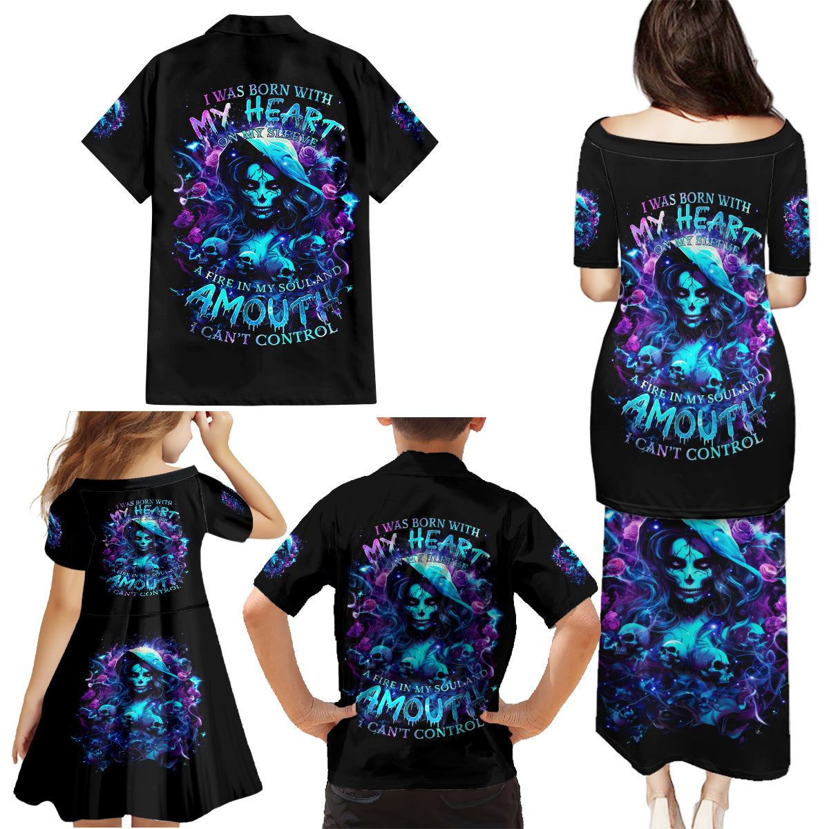 Witch Skull Family Matching Puletasi and Hawaiian Shirt I Was Born With My Heart On My Sleeve A Fire In My Soul And Amout Can't Control - Wonder Print Shop