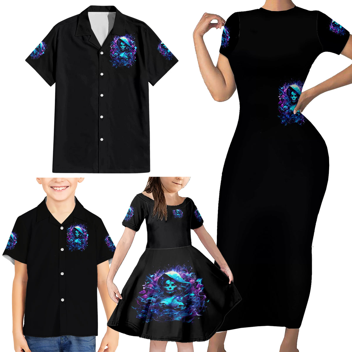 Witch Skull Family Matching Short Sleeve Bodycon Dress and Hawaiian Shirt I Was Born With My Heart On My Sleeve A Fire In My Soul And Amout Can't Control - Wonder Print Shop