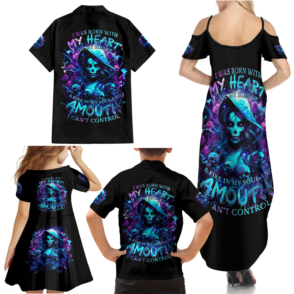 Witch Skull Family Matching Summer Maxi Dress and Hawaiian Shirt I Was Born With My Heart On My Sleeve A Fire In My Soul And Amout Can't Control - Wonder Print Shop