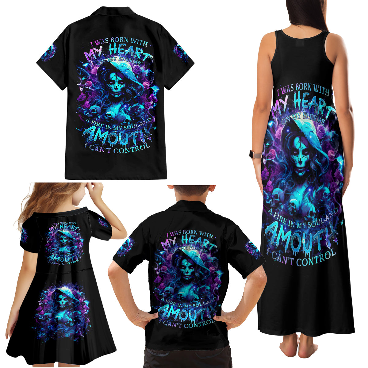 Witch Skull Family Matching Tank Maxi Dress and Hawaiian Shirt I Was Born With My Heart On My Sleeve A Fire In My Soul And Amout Can't Control - Wonder Print Shop