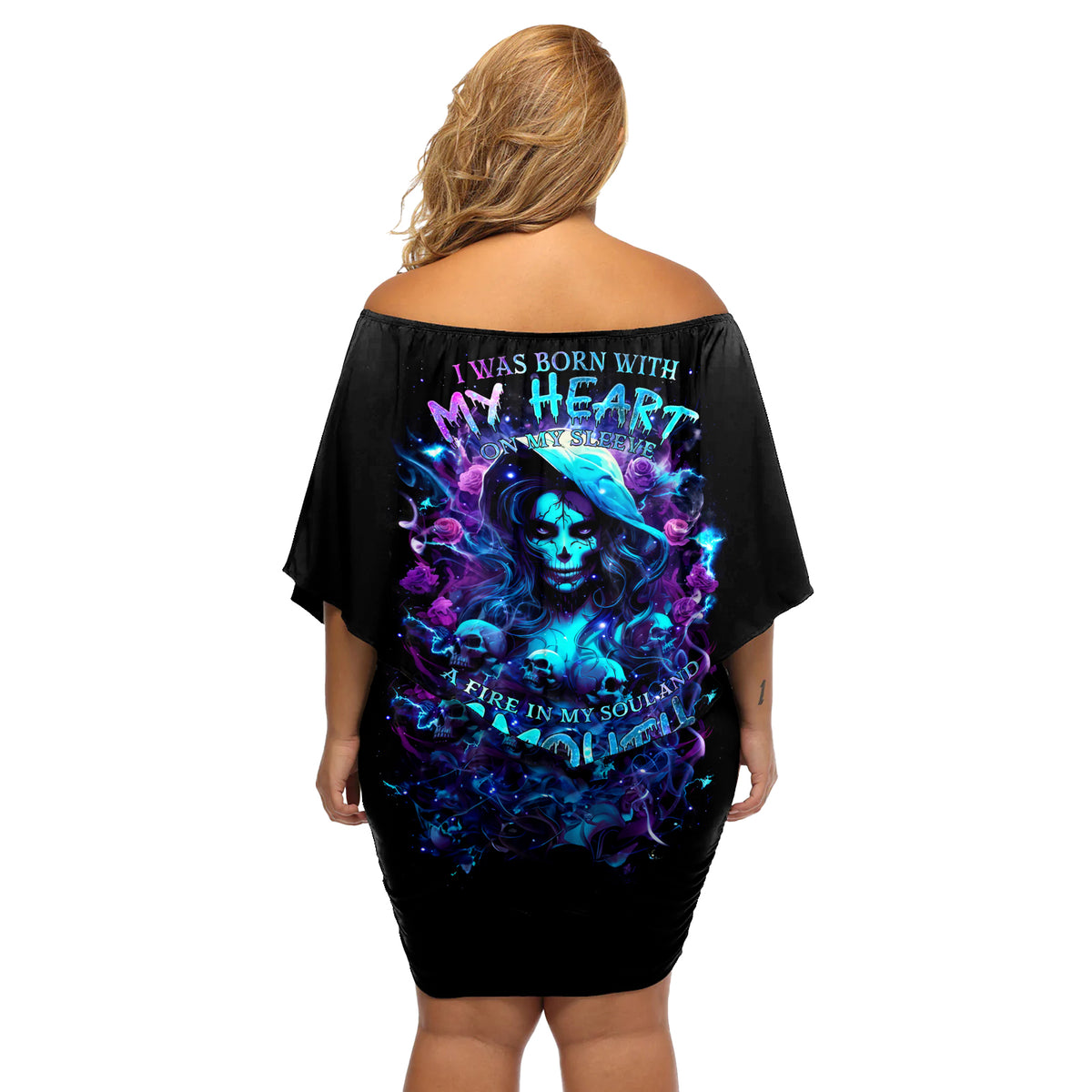 Witch Skull Off Shoulder Short Dress I Was Born With My Heart On My Sleeve A Fire In My Soul And Amout Can't Control - Wonder Print Shop