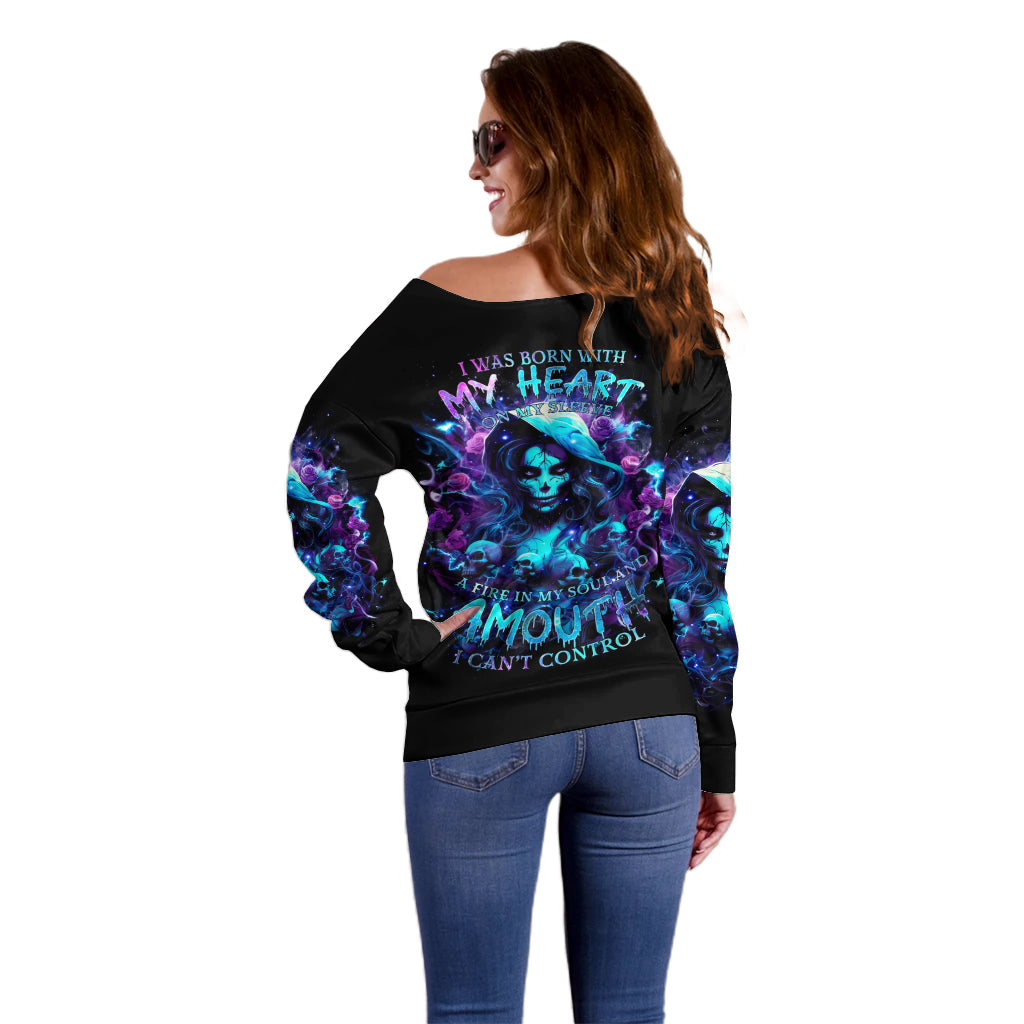 Witch Skull Off Shoulder Sweater I Was Born With My Heart On My Sleeve A Fire In My Soul And Amout Can't Control - Wonder Print Shop