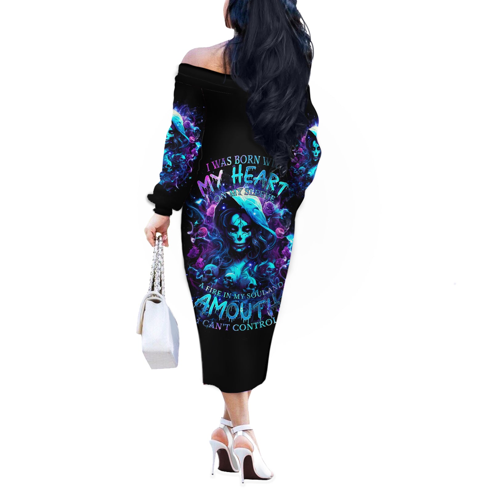 Witch Skull Off The Shoulder Long Sleeve Dress I Was Born With My Heart On My Sleeve A Fire In My Soul And Amout Can't Control - Wonder Print Shop