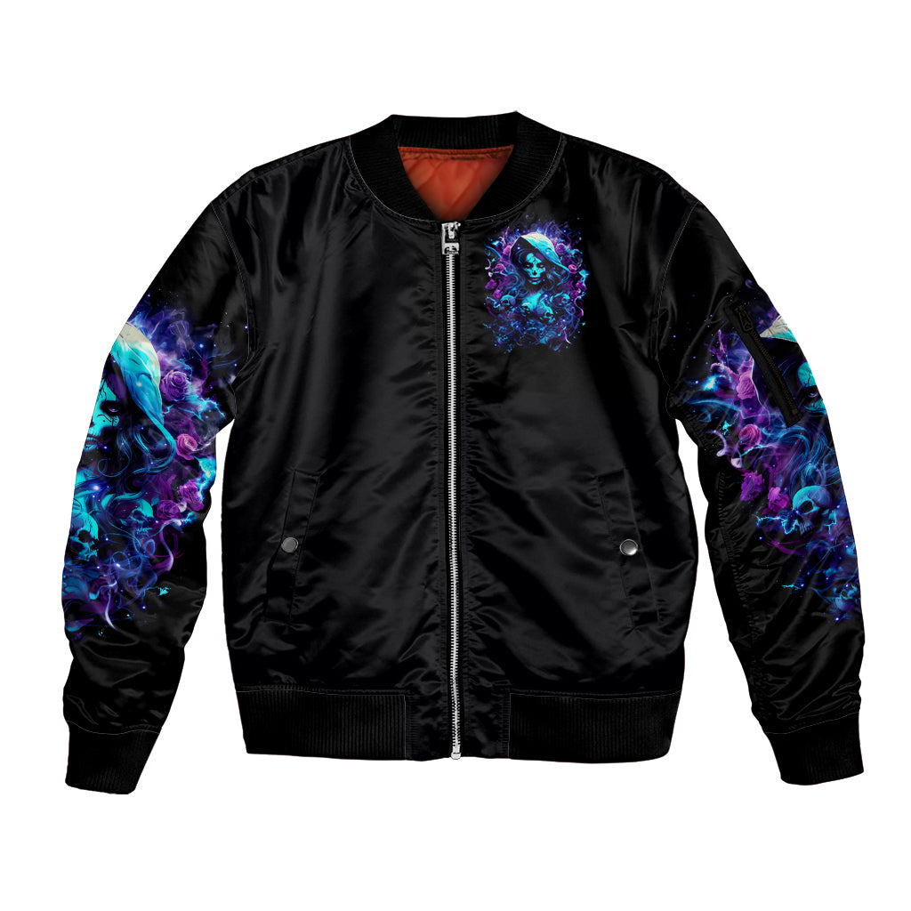 Witch Skull Sleeve Zip Bomber Jacket I Was Born With My Heart On My Sleeve A Fire In My Soul And Amout Can't Control - Wonder Print Shop