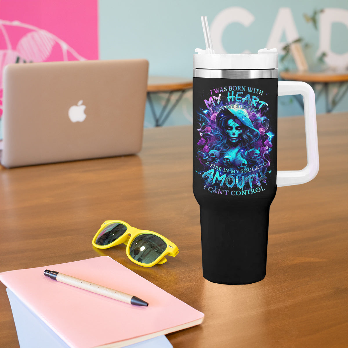 Witch Skull Tumbler With Handle I Was Born With My Heart On My Sleeve A Fire In My Soul And Amout Can't Control - Wonder Print Shop