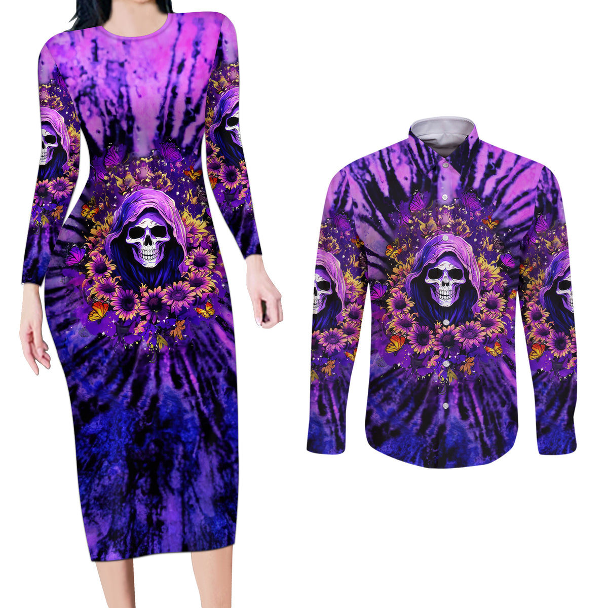 Sunflower Skull Couples Matching Long Sleeve Bodycon Dress and Long Sleeve Button Shirt The Good Girl In Me Got Tired Of The Bullshit - Wonder Print Shop