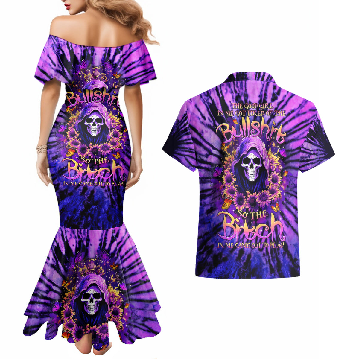 Sunflower Skull Couples Matching Mermaid Dress and Hawaiian Shirt The Good Girl In Me Got Tired Of The Bullshit - Wonder Print Shop