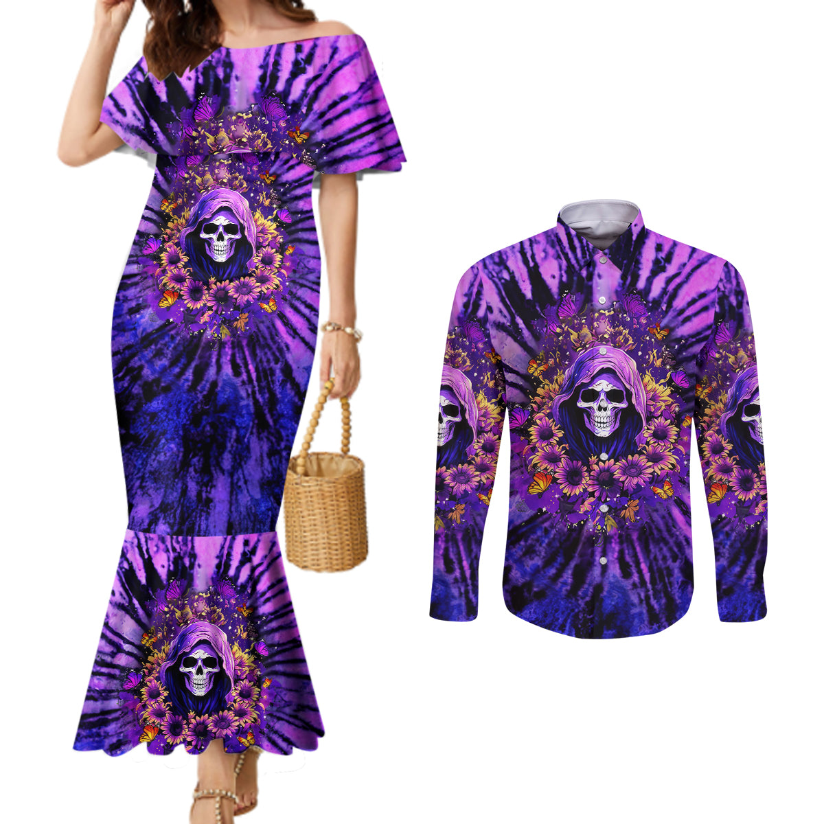 Sunflower Skull Couples Matching Mermaid Dress and Long Sleeve Button Shirt The Good Girl In Me Got Tired Of The Bullshit
