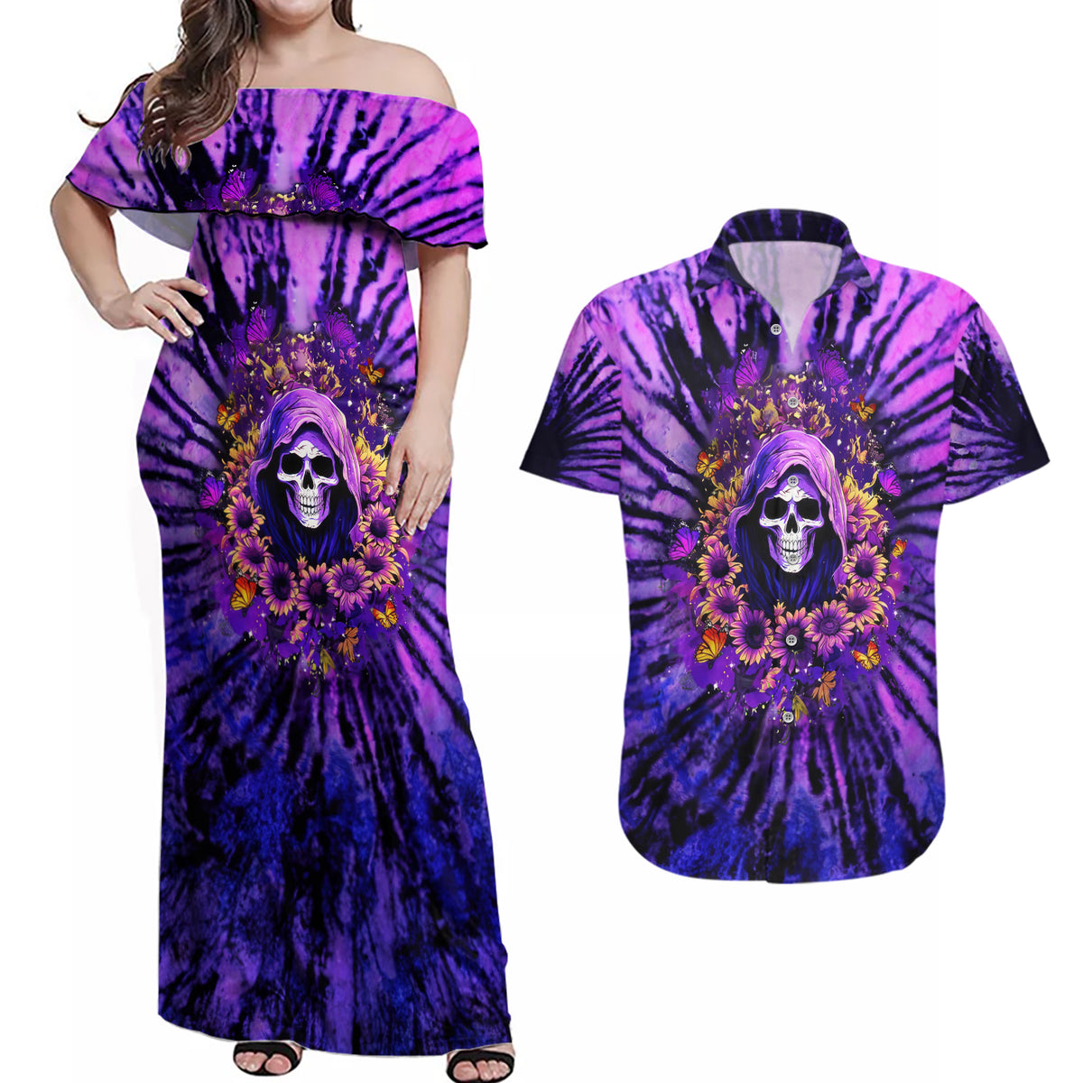 Sunflower Skull Couples Matching Off Shoulder Maxi Dress and Hawaiian Shirt The Good Girl In Me Got Tired Of The Bullshit - Wonder Print Shop