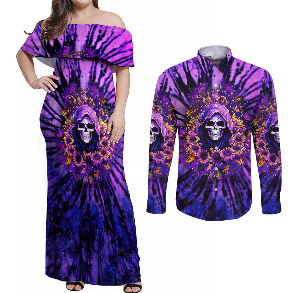 Sunflower Skull Couples Matching Off Shoulder Maxi Dress and Long Sleeve Button Shirt The Good Girl In Me Got Tired Of The Bullshit - Wonder Print Shop