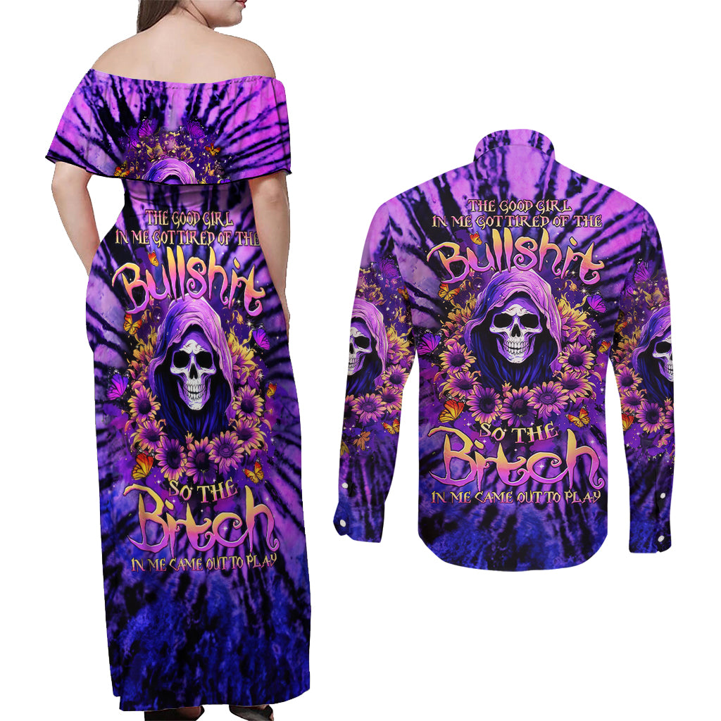 Sunflower Skull Couples Matching Off Shoulder Maxi Dress and Long Sleeve Button Shirt The Good Girl In Me Got Tired Of The Bullshit - Wonder Print Shop