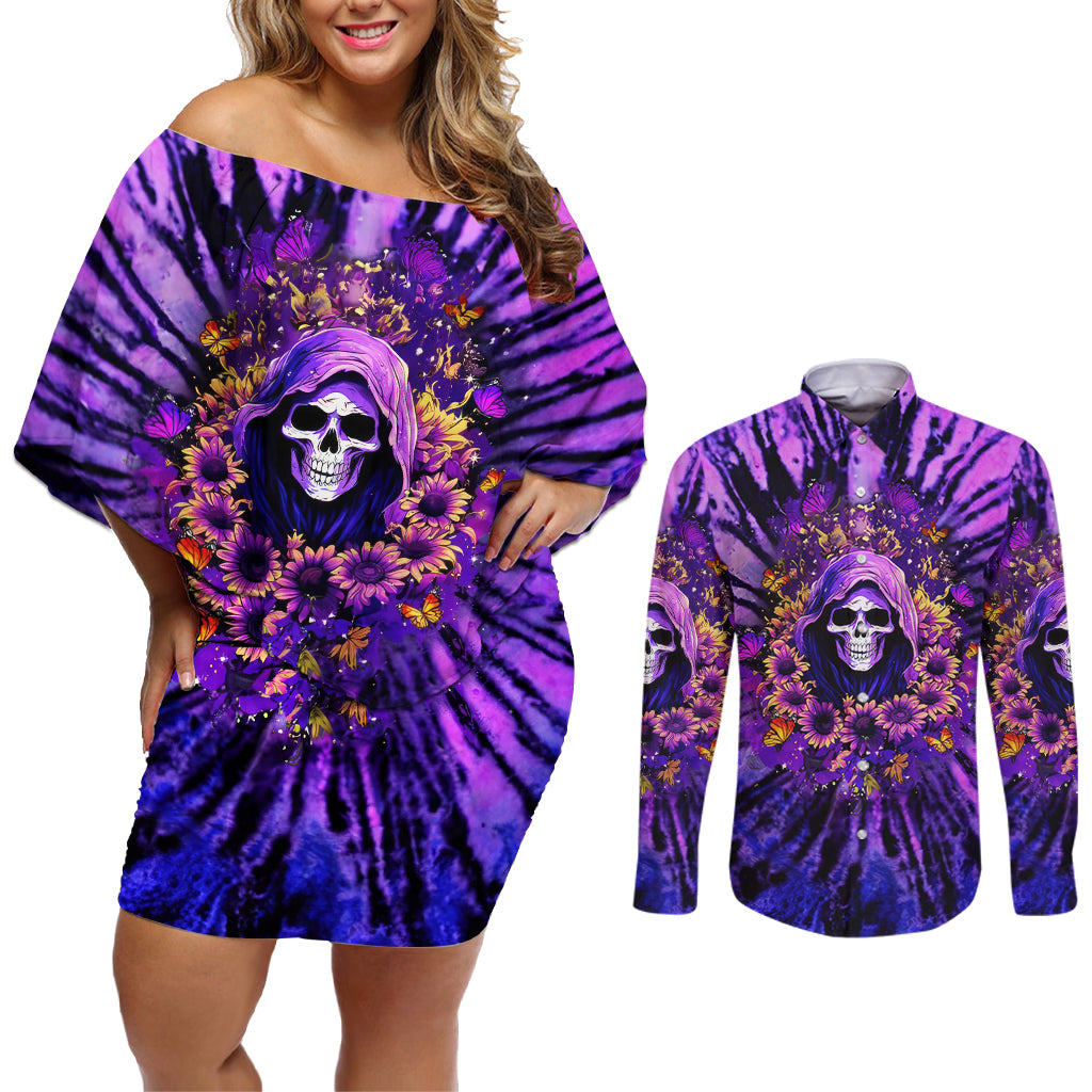Sunflower Skull Couples Matching Off Shoulder Short Dress and Long Sleeve Button Shirt The Good Girl In Me Got Tired Of The Bullshit - Wonder Print Shop