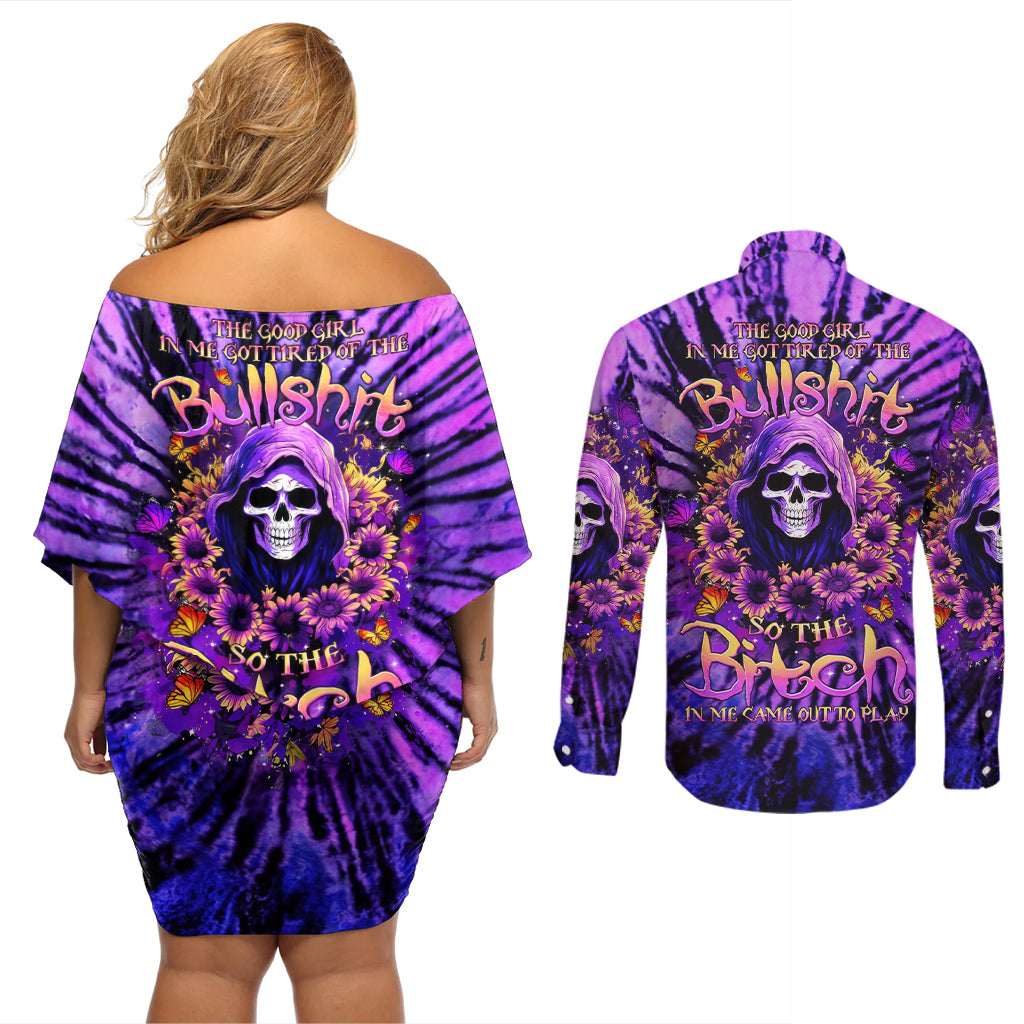 Sunflower Skull Couples Matching Off Shoulder Short Dress and Long Sleeve Button Shirt The Good Girl In Me Got Tired Of The Bullshit - Wonder Print Shop