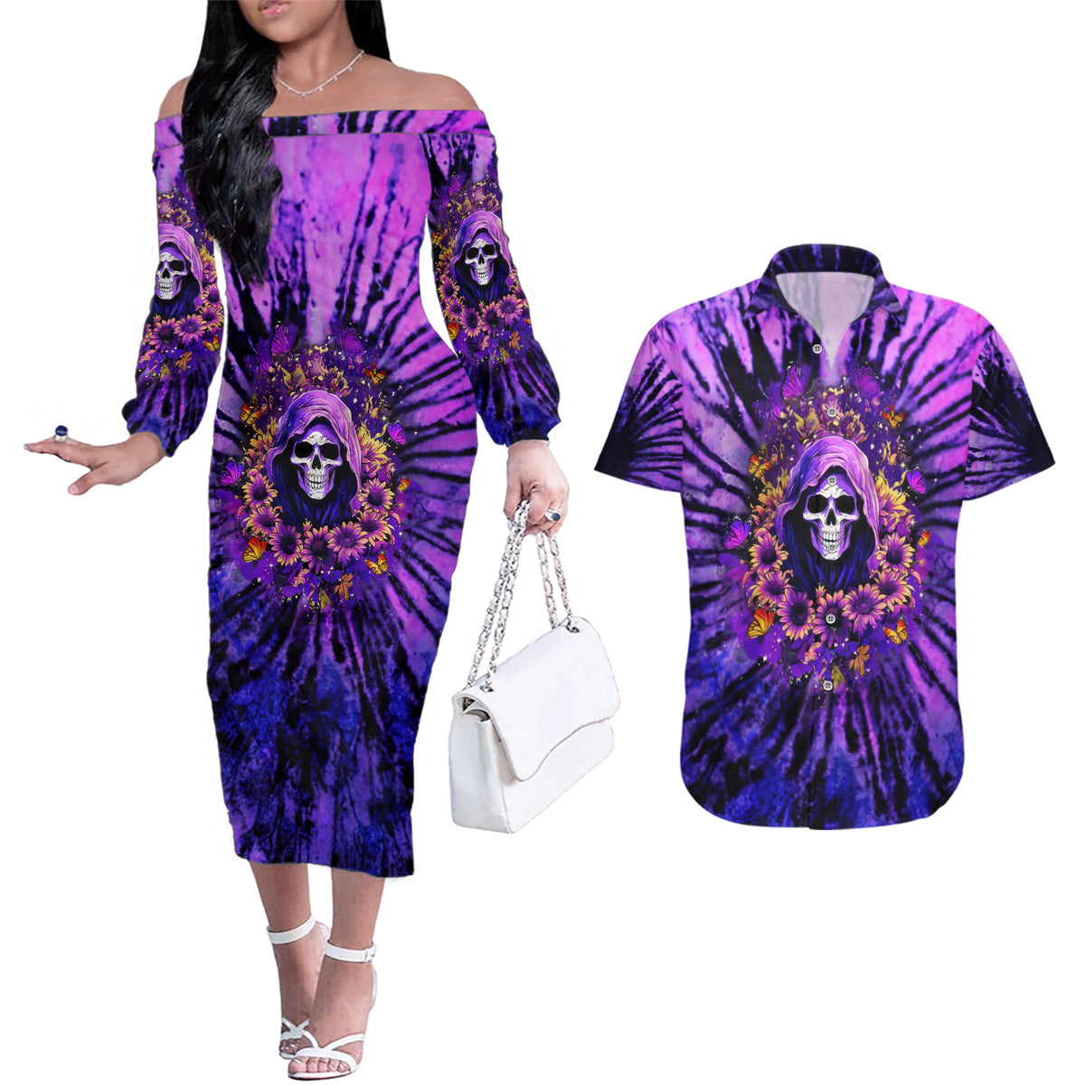 Sunflower Skull Couples Matching Off The Shoulder Long Sleeve Dress and Hawaiian Shirt The Good Girl In Me Got Tired Of The Bullshit - Wonder Print Shop