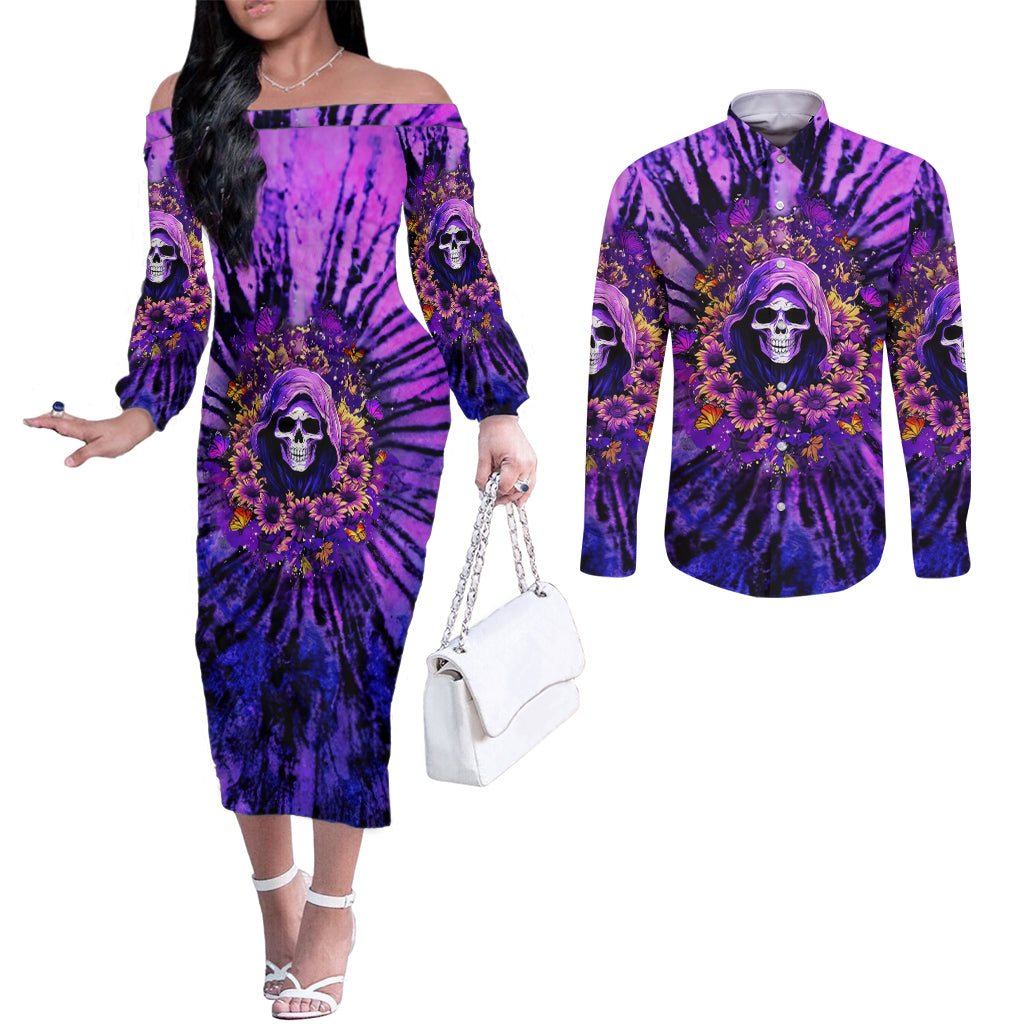 Sunflower Skull Couples Matching Off The Shoulder Long Sleeve Dress and Long Sleeve Button Shirt The Good Girl In Me Got Tired Of The Bullshit