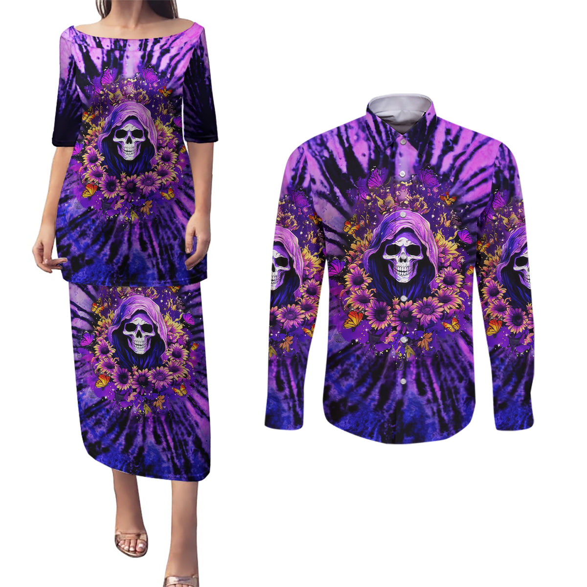 Sunflower Skull Couples Matching Puletasi and Long Sleeve Button Shirt The Good Girl In Me Got Tired Of The Bullshit - Wonder Print Shop