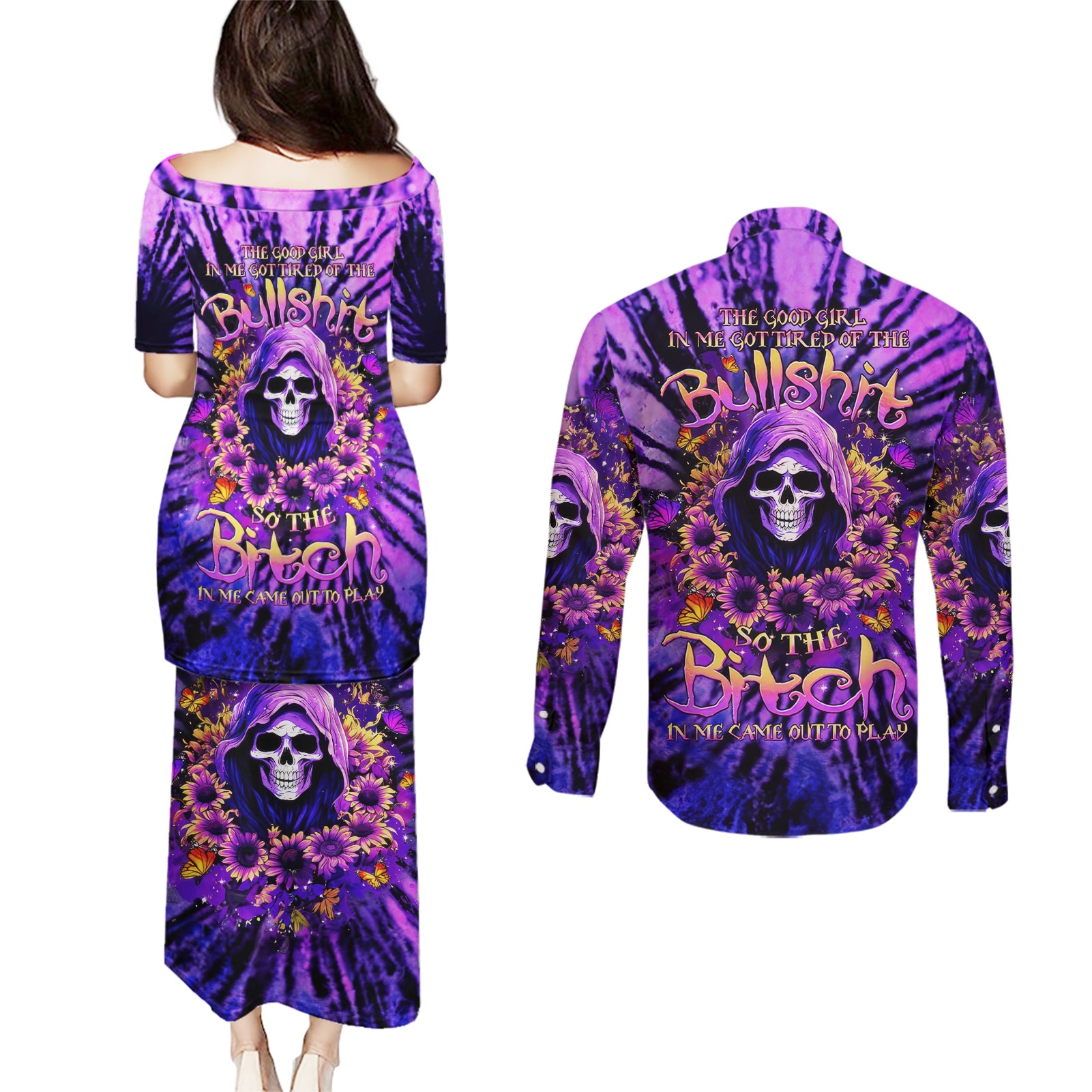 Sunflower Skull Couples Matching Puletasi and Long Sleeve Button Shirt The Good Girl In Me Got Tired Of The Bullshit - Wonder Print Shop